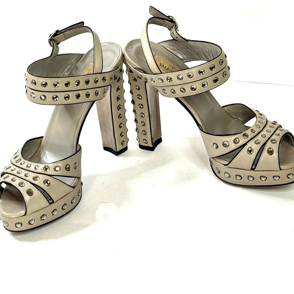 Valentino Crystal Studded Grey Platform Sandals Sz 37 High Heels